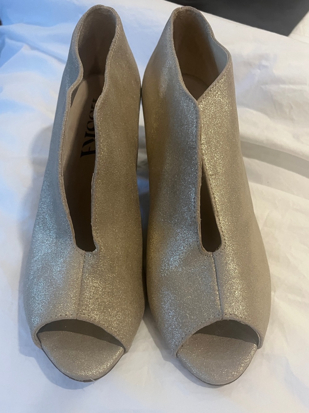 Glitter Peep-Toe Ankle Booties in Gold